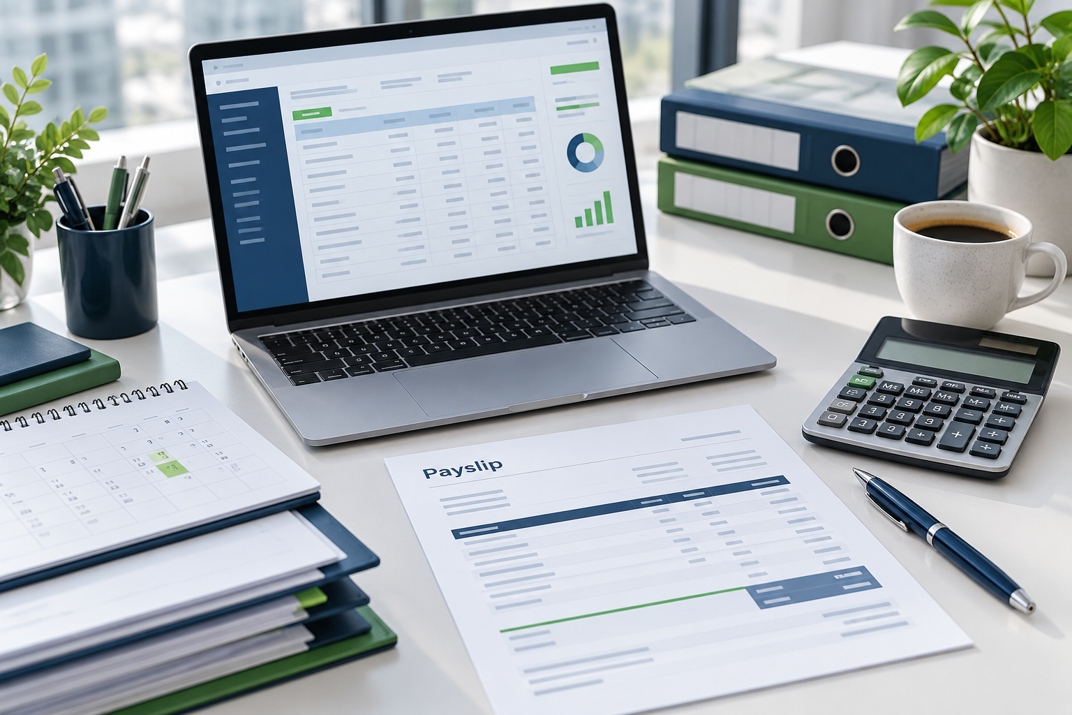 Payroll services illustration showing a payslip, calculator and salary records