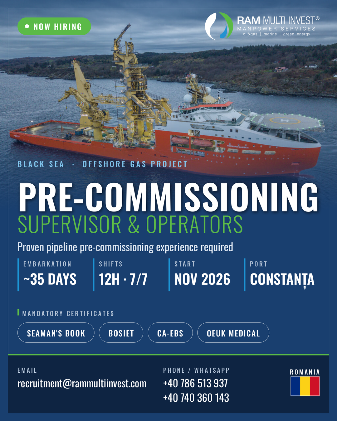 RAM Multi Invest recruitment: Pre-Commissioning Supervisor and Operators, Black Sea offshore gas project, November 2026.