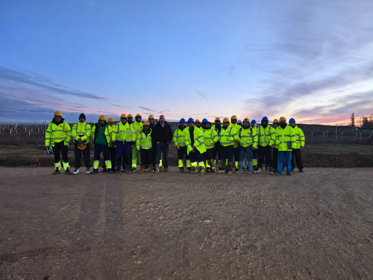 RAM project: Construction team beside photovoltaic mounting structures in Burgos, Spain