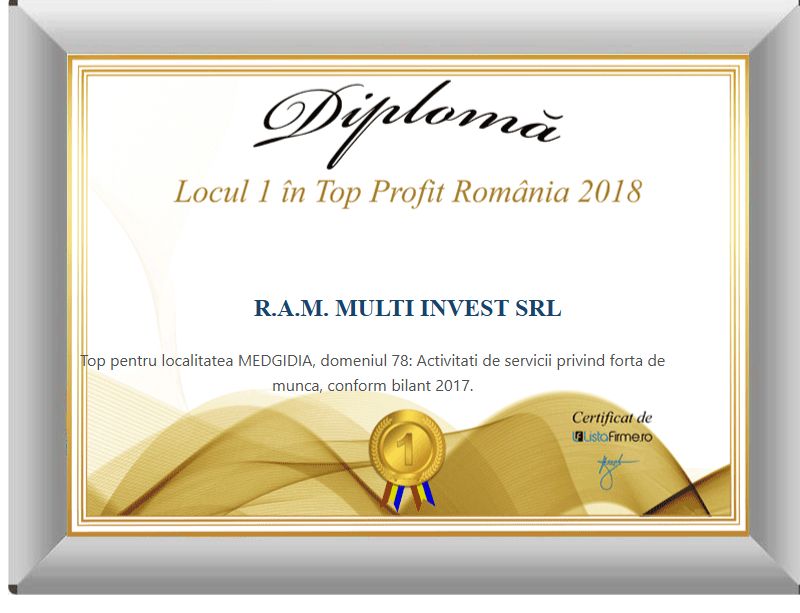 ListaFirme 2018 diploma for R.A.M. Multi Invest SRL: 1st place in the profit ranking, local category, workforce services.