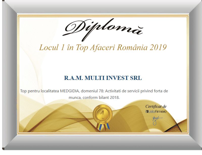 ListaFirme 2019 diploma for R.A.M. Multi Invest SRL: 1st place in the turnover ranking, local category, workforce services.
