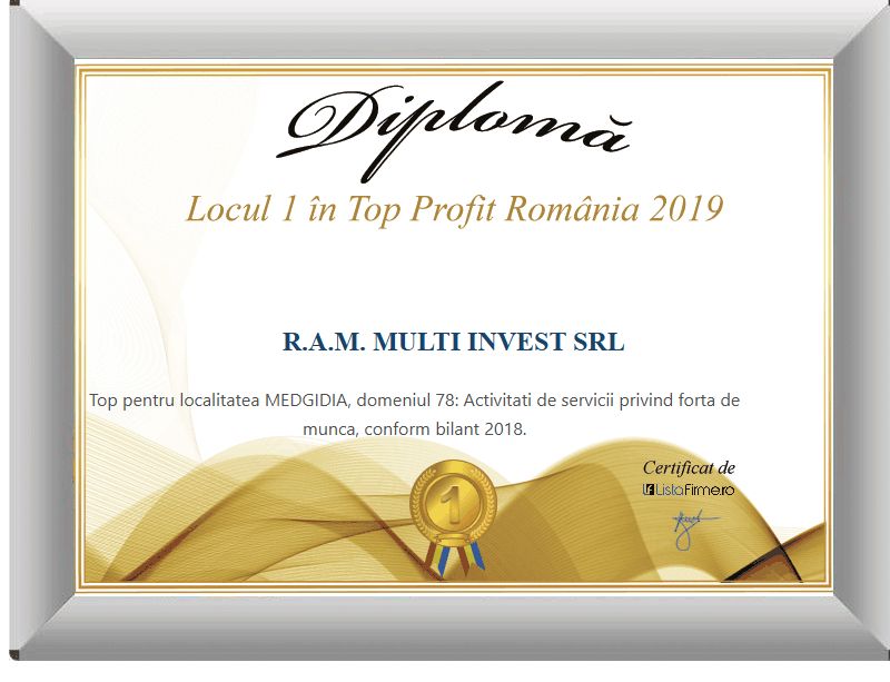ListaFirme 2019 diploma for R.A.M. Multi Invest SRL: 1st place in the profit ranking, local category, workforce services.