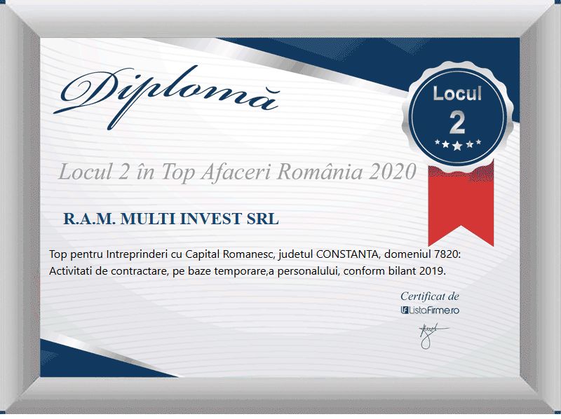 ListaFirme 2020 diploma for R.A.M. Multi Invest SRL: 2nd place in the turnover ranking, county category, temporary staffing services, romanian-owned companies.