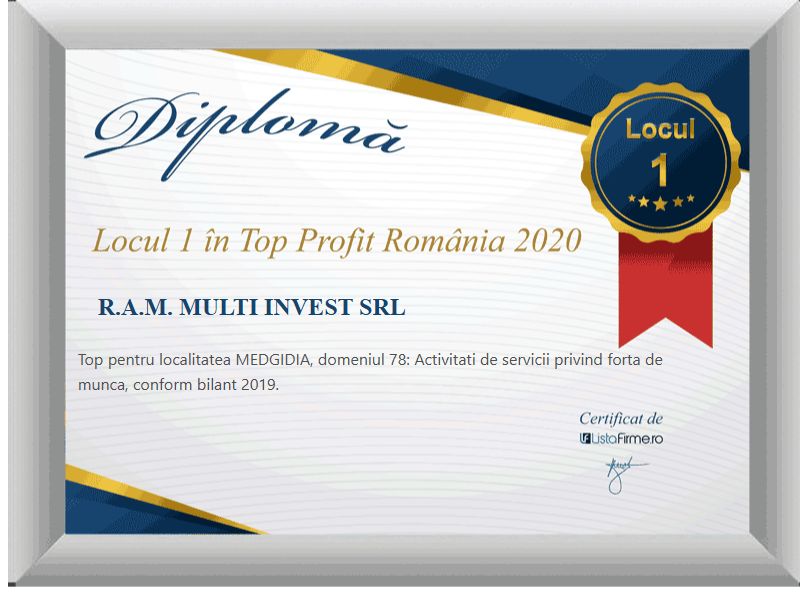 ListaFirme 2020 diploma for R.A.M. Multi Invest SRL: 1st place in the profit ranking, local category, workforce services.