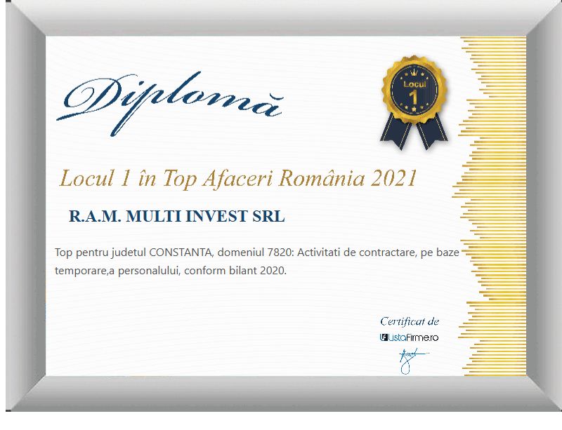 ListaFirme 2021 diploma for R.A.M. Multi Invest SRL: 1st place in the turnover ranking, county category, temporary staffing services.