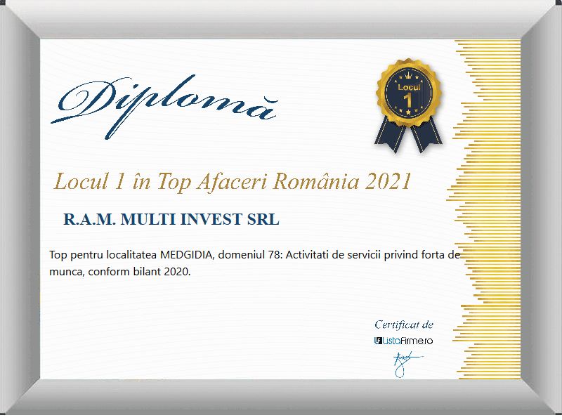 ListaFirme 2021 diploma for R.A.M. Multi Invest SRL: 1st place in the turnover ranking, local category, workforce services.