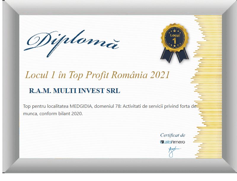 ListaFirme 2021 diploma for R.A.M. Multi Invest SRL: 1st place in the profit ranking, local category, workforce services.