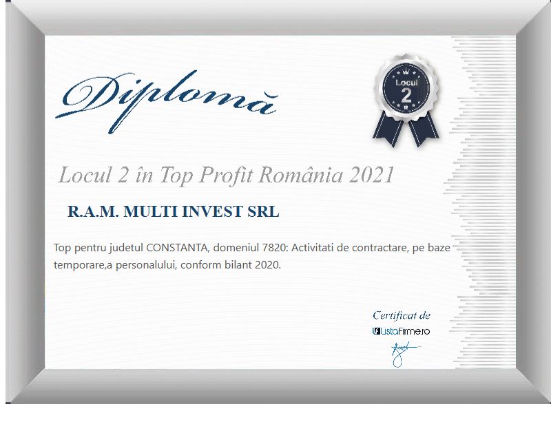 ListaFirme 2021 diploma for R.A.M. Multi Invest SRL: 2nd place in the profit ranking, county category, temporary staffing services.