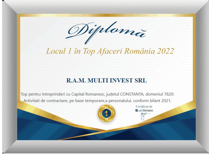 ListaFirme 2022 diploma for R.A.M. Multi Invest SRL: 1st place in the turnover ranking, county category, temporary staffing services, romanian-owned companies.
