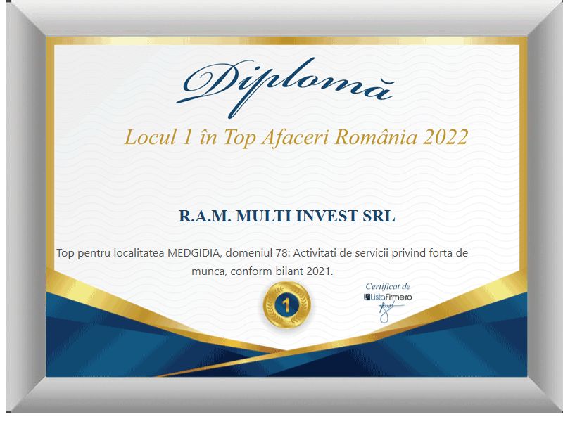 ListaFirme 2022 diploma for R.A.M. Multi Invest SRL: 1st place in the turnover ranking, local category, workforce services.