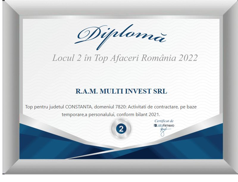 ListaFirme 2022 diploma for R.A.M. Multi Invest SRL: 2nd place in the turnover ranking, county category, temporary staffing services.