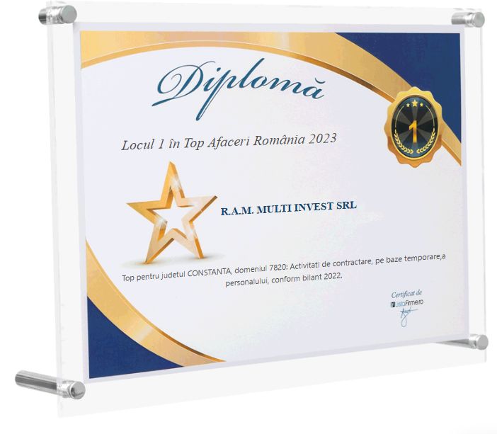 ListaFirme 2023 diploma for R.A.M. Multi Invest SRL: 1st place in the turnover ranking, county category, temporary staffing services.