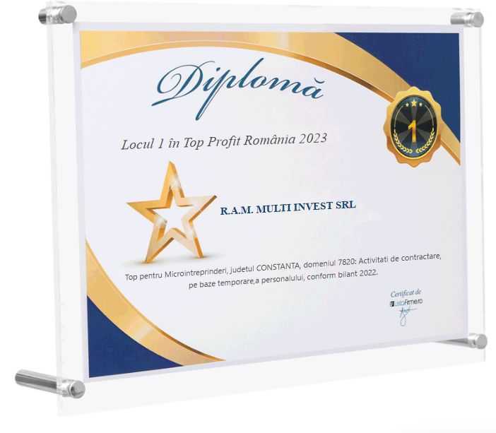 ListaFirme 2023 diploma for R.A.M. Multi Invest SRL: 1st place in the profit ranking, county category, temporary staffing services, micro-enterprises.