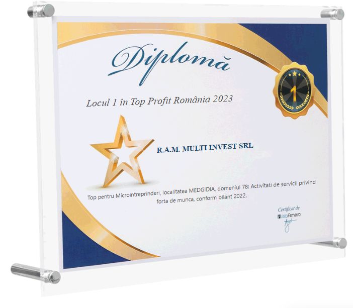 ListaFirme 2023 diploma for R.A.M. Multi Invest SRL: 1st place in the profit ranking, local category, workforce services, micro-enterprises.