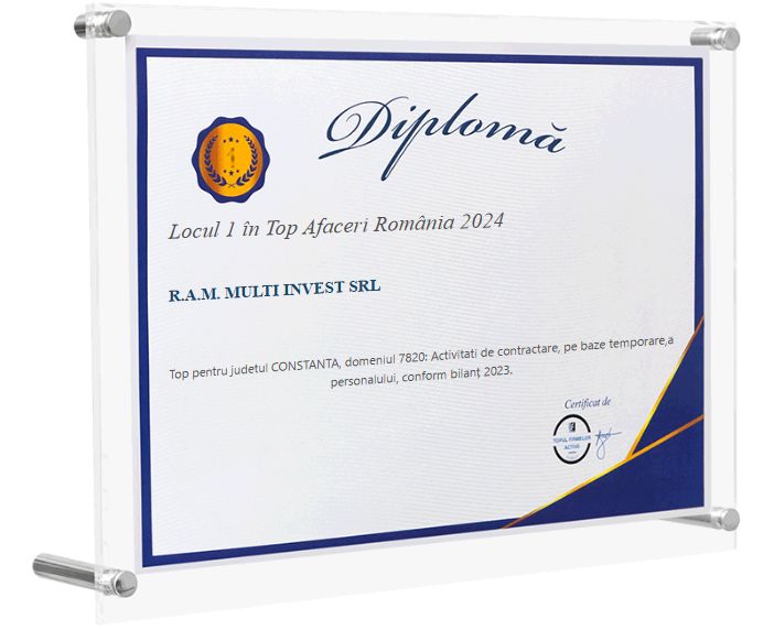 ListaFirme 2024 diploma for R.A.M. Multi Invest SRL: 1st place in the turnover ranking, county category, temporary staffing services.