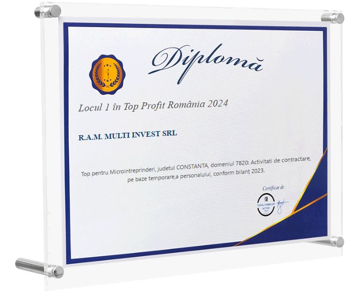 ListaFirme 2024 diploma for R.A.M. Multi Invest SRL: 1st place in the profit ranking, county category, temporary staffing services, micro-enterprises.