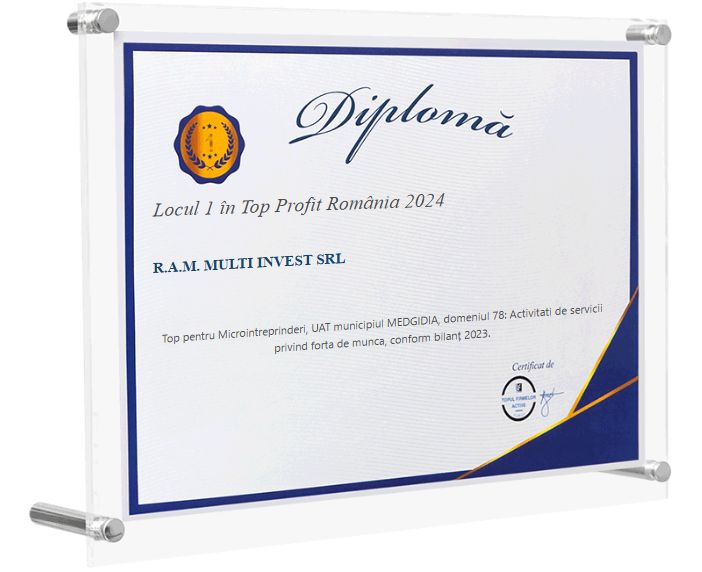 ListaFirme 2024 diploma for R.A.M. Multi Invest SRL: 1st place in the profit ranking, local category, workforce services, micro-enterprises.