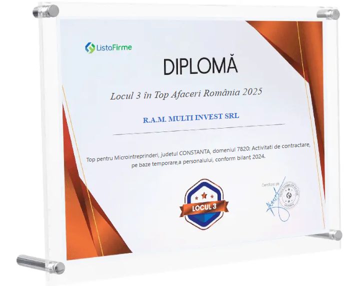 ListaFirme 2025 diploma for R.A.M. Multi Invest SRL: 3rd place in the turnover ranking, county category, temporary staffing services, micro-enterprises.