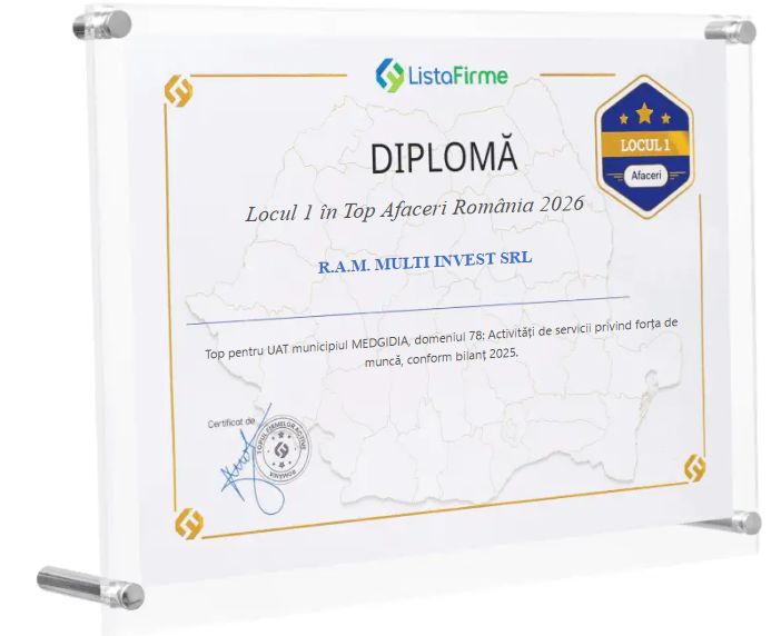 ListaFirme 2026 diploma for R.A.M. Multi Invest SRL: 1st place in the turnover ranking, local category, workforce services.