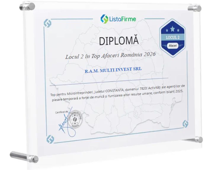 ListaFirme 2026 diploma for R.A.M. Multi Invest SRL: 2nd place in the turnover ranking, county category, temporary staffing services, micro-enterprises.